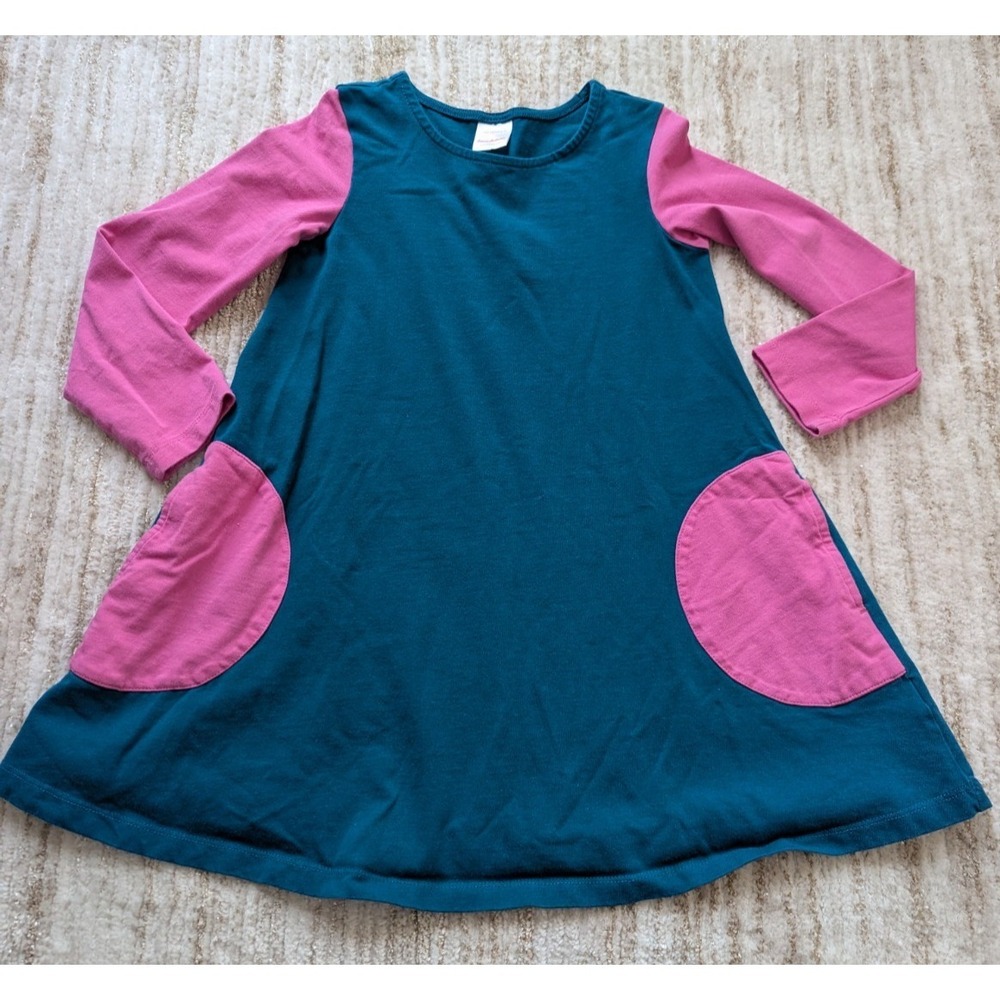 Hanna Andersson Patch Pocket Dress Sz‎ 120 6 7 Aqua Pink Colorblock Swing Play